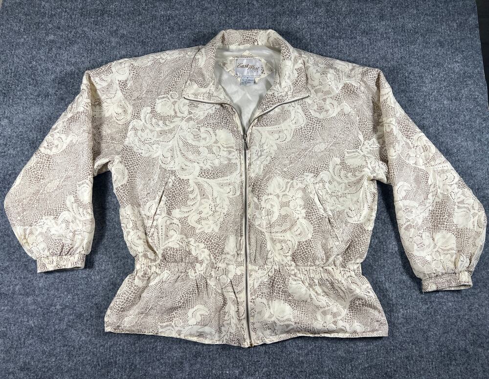 Vintage East West Silks Jacket Womens M 100% Silk Cream Taupe 80s 90s Full Zip